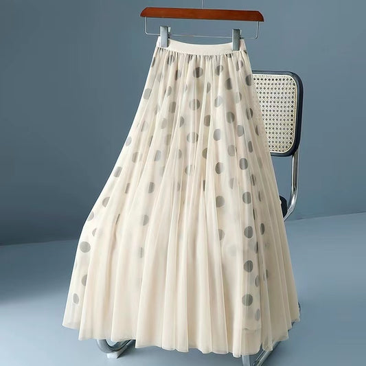 Elegant Polka Dot Net Yarn Pleated Skirt