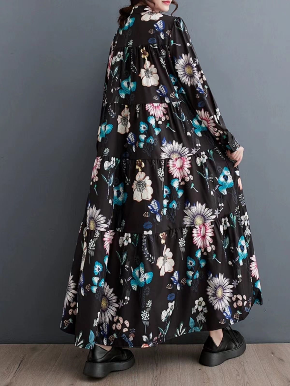 Loose Printed Floral Lapel Shirt Long Sleeve Dress