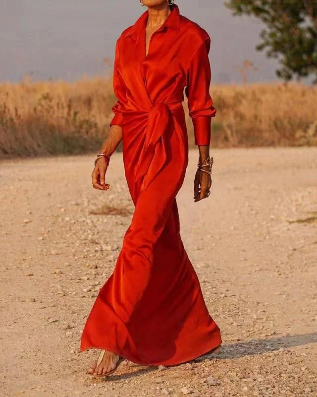 Satin Wrap Shirt Long Sleeve Maxi Dress