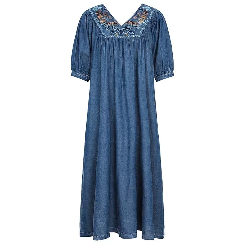 Elegant V-Neck Embroidered Pleated Short Sleeve Denim Dress