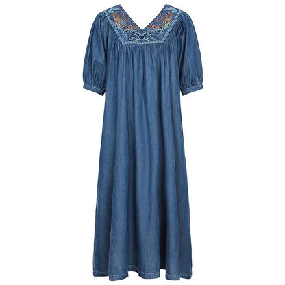 Elegant V-Neck Embroidered Pleated Short Sleeve Denim Dress