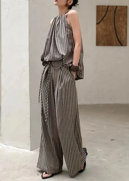 Women's Casual Color Striped Top Wide Leg Pants Two Piece Set Summer