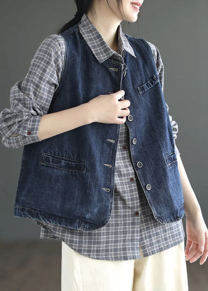 Pocket Short Patchwork Denim Vest Sleeveless