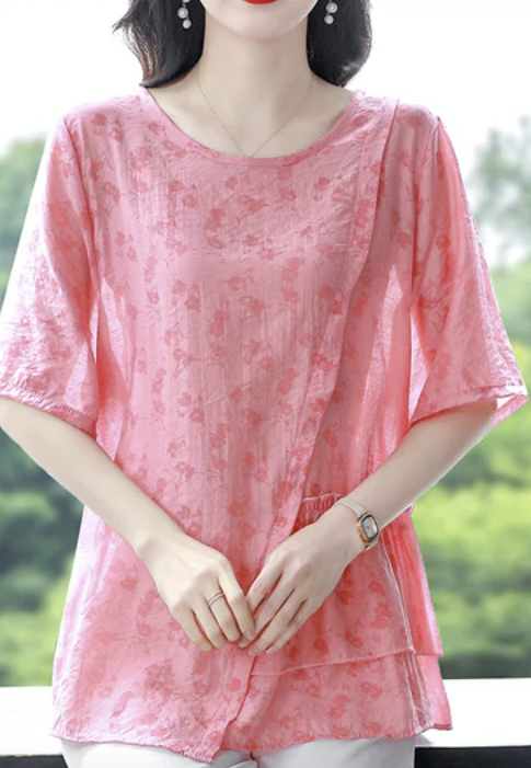 Elegant Printed Asymmetric Patchwork Linen Shirt