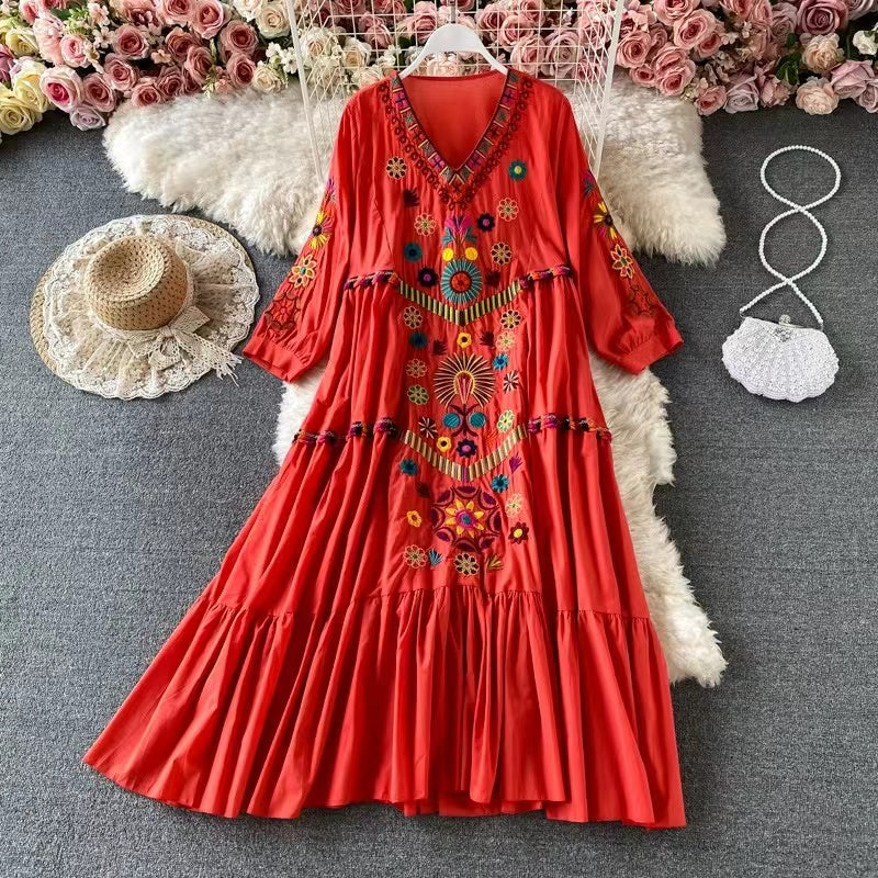 Embroidered V-neck cotton and linen beach hem dress