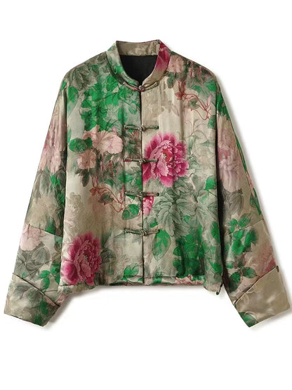 Elegant Printed Panelled Long Sleeve Silk Cotton Jacket