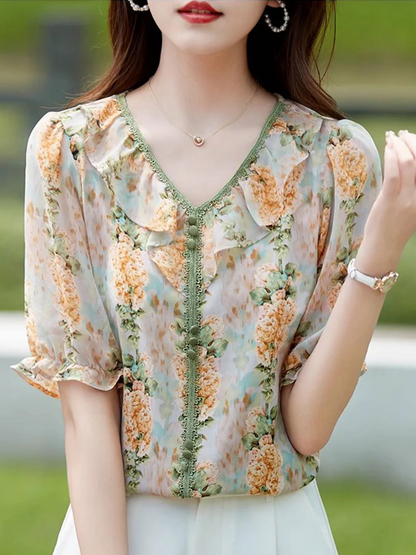 Elegant V-Neck Floral Printed Color Block Short Sleeve Top