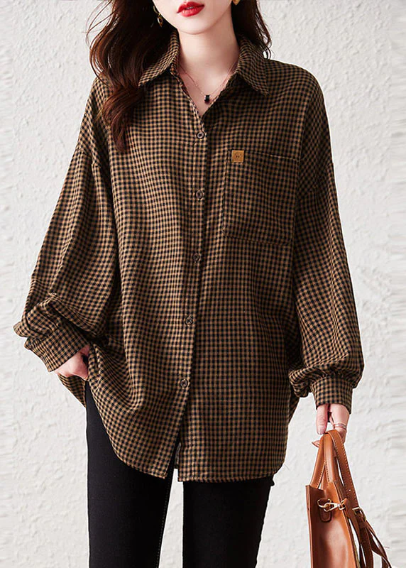 Fashion Plaid Pan Collar Pocket Patchwork Cotton Shirt Long Sleeve Top