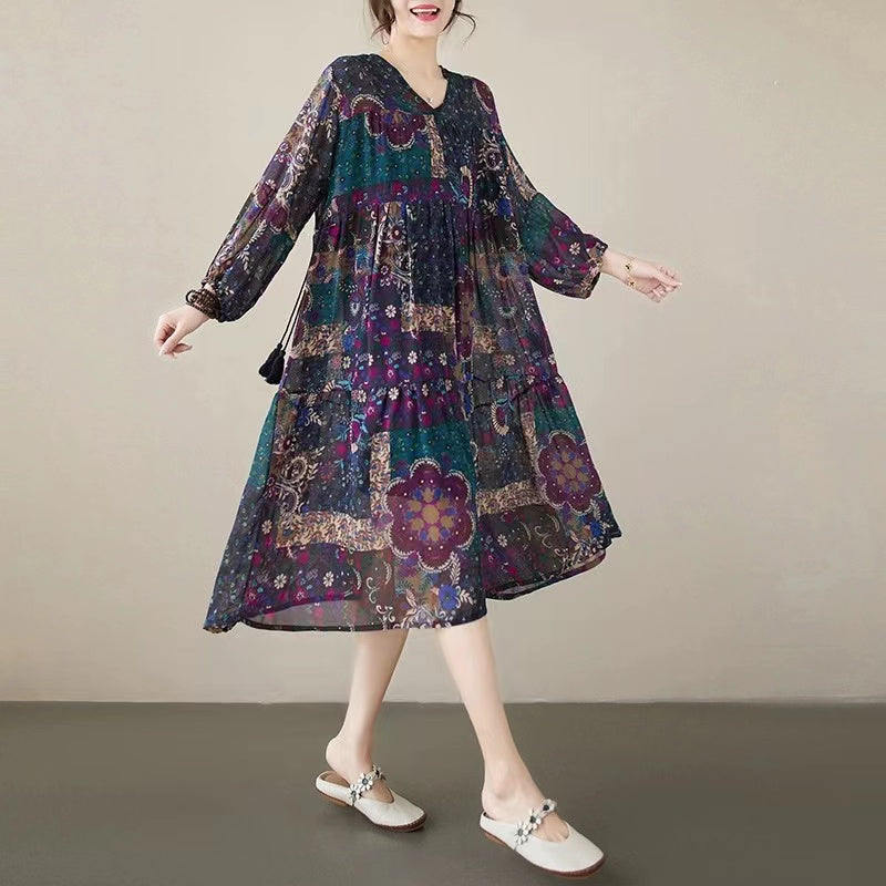 Loose v-neck printed lantern long sleeve dress