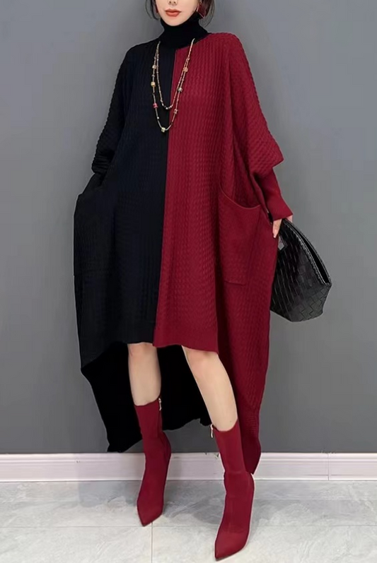 Big Silhouette Knit Sweater Dress High Neck Asymmetric Bat Sleeve