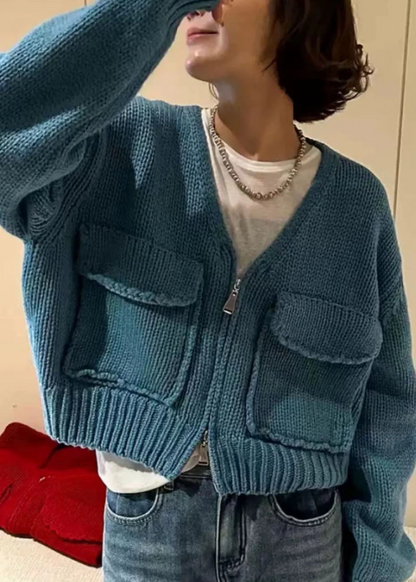 Women's V-Neck Zipper Knit Sweater Coat Spring