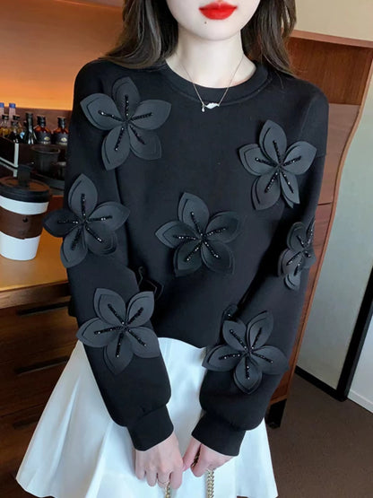 Beaded Floral Round Neck Long Sleeve Sweatshirt