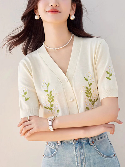 Elegant V-neck embroidered floral knit short sleeve cardigan