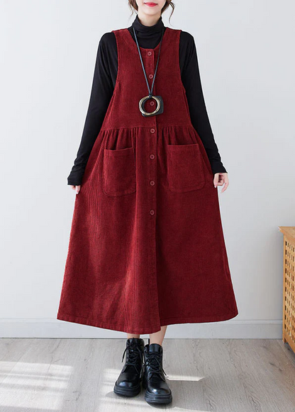 Casual O Neck Quilted Pocket Corduroy Long Dress