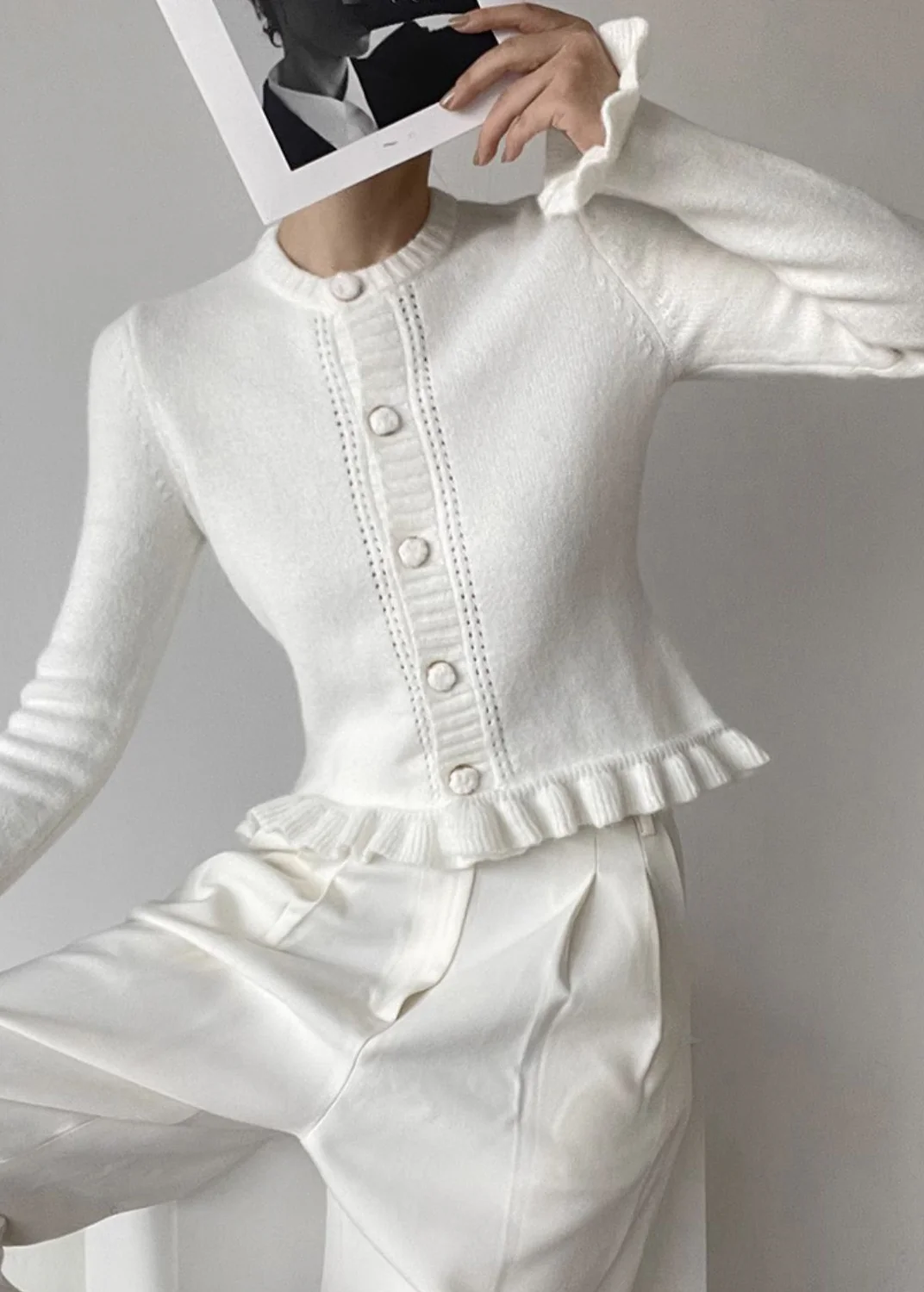 Women's White O Neck Button Ruffle Knit Cardigan