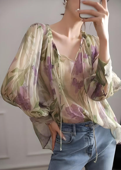 Women's Plus Size Green Printed Tie Chiffon Long Sleeve Shirt