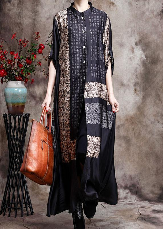 Italian Black Printed Long Silk Dress