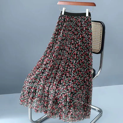 Fashion Floral Printed Tulle Pleated Skirt