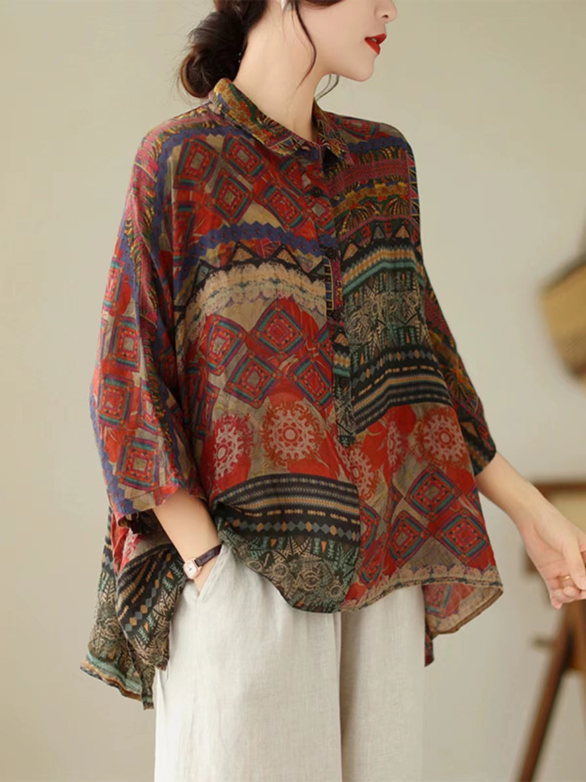 Plus Size Cotton Linen Printed Lapel Shirt Top