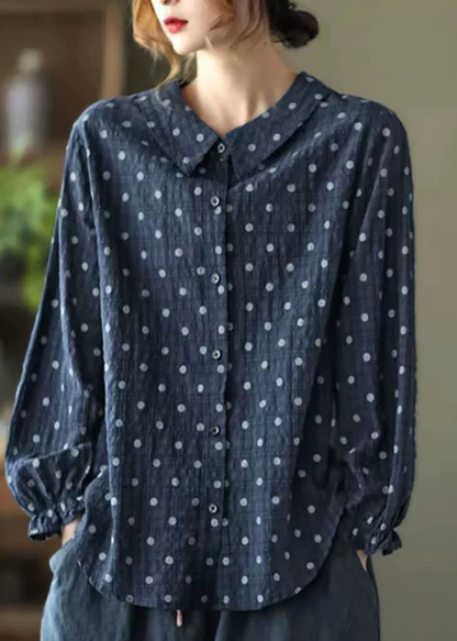 Casual Button Dot Print Lantern Sleeve Shirt Top