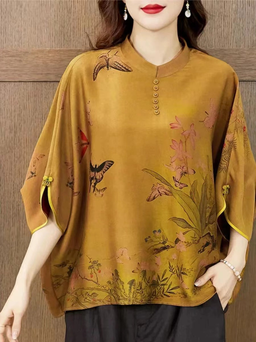 Chinese Printed Silk Clashing Short Sleeve Shirt Top