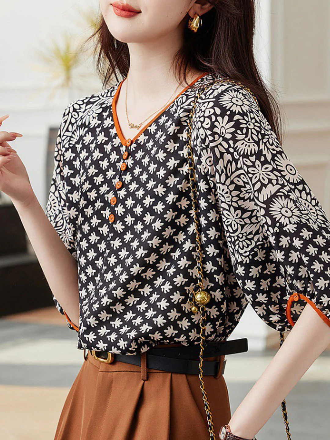 French V-Neck Printed Color Clash Long Sleeve Shirt Top