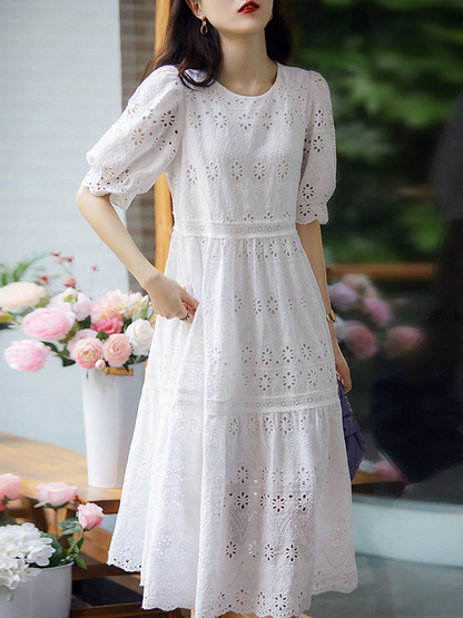 French Round Neck Bubble Sleeve Short Sleeve Empty Lace Dress