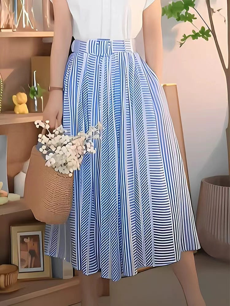 Oversized Striped Cotton A-Line Skirt Blue