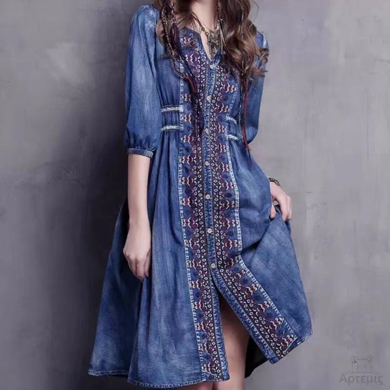 V-Neck Embroidered Tie Button Short Sleeve Shirt Denim Dresses