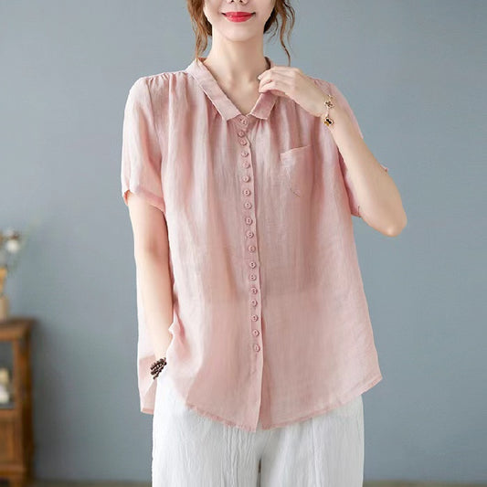 Vintage Collar Buttoned Linen Shirt Long Sleeve Top