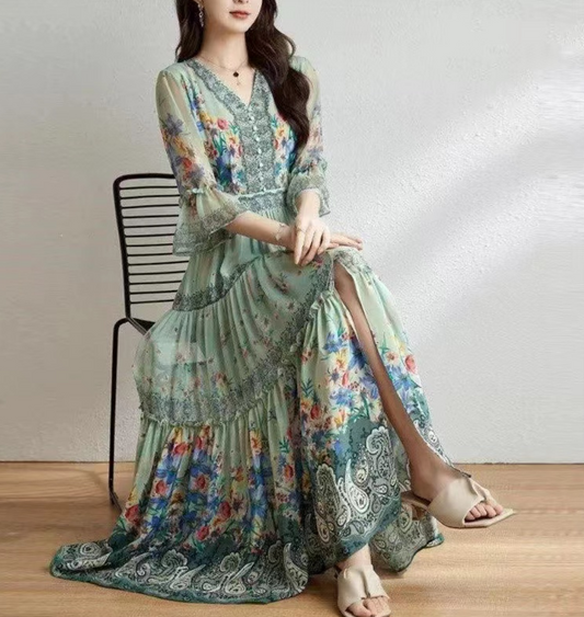 Elegant V-Neck Ruffle Printed Flared Sleeve Long Dress