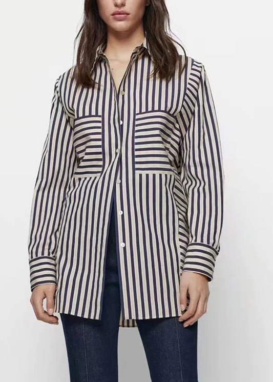 Plus Size Asymmetrical Striped Patchwork Shirt Top