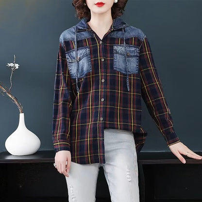 Casual Patchwork Plaid Cardigan Long Sleeve Denim Shirt Top