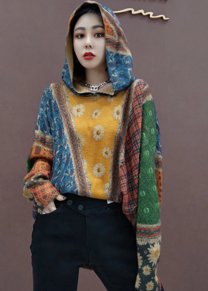 Women's Colorblocking Hooded Printed Knit Sweater