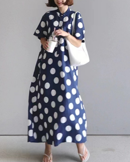 Women's Loose Polka Dot Printed Short Sleeve Shirt Dresses