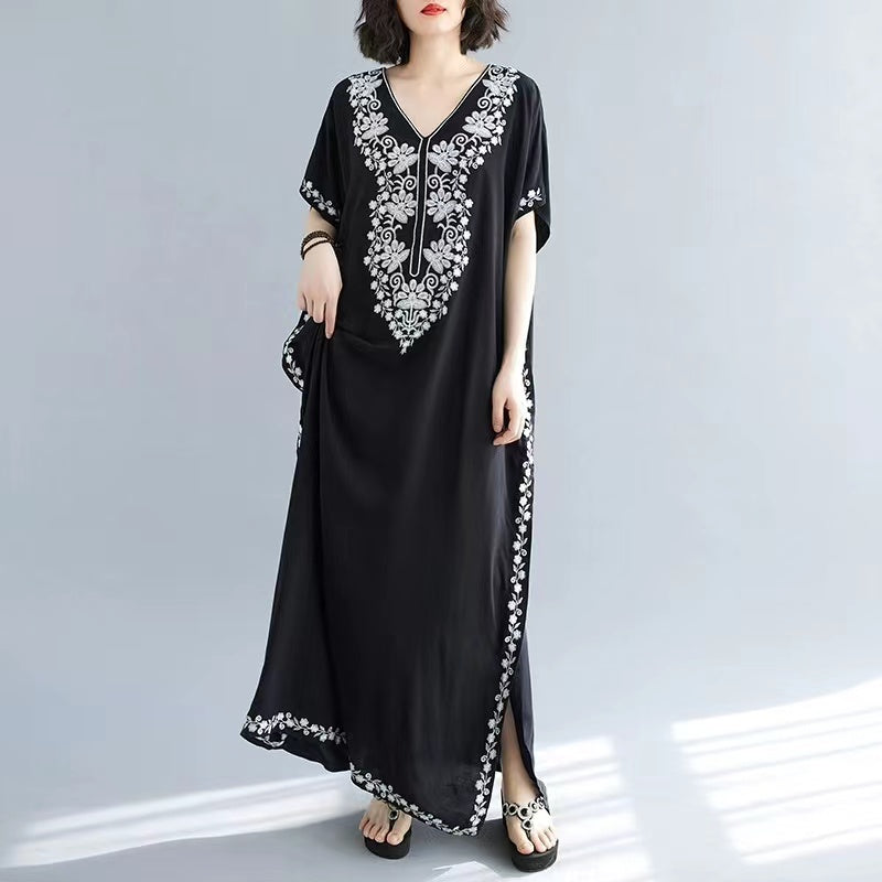 Elegant Embroidery Beach Sun Screen Short Sleeve Long Dresses