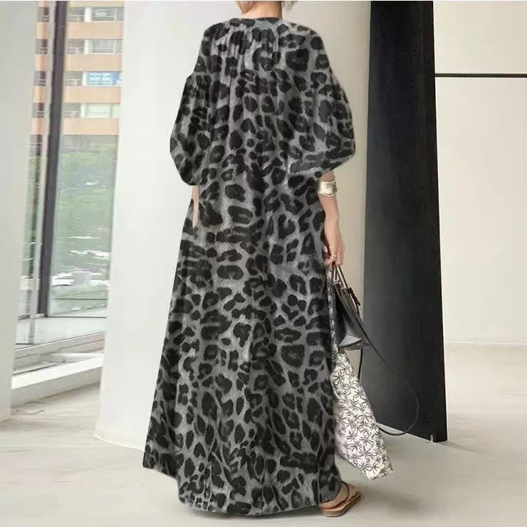 Elegant Leopard Print Stand Collar Short Sleeve Shirt Dress