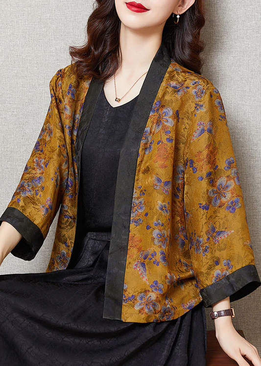 Yellow Printed Patchwork Silk Cardigan Coat