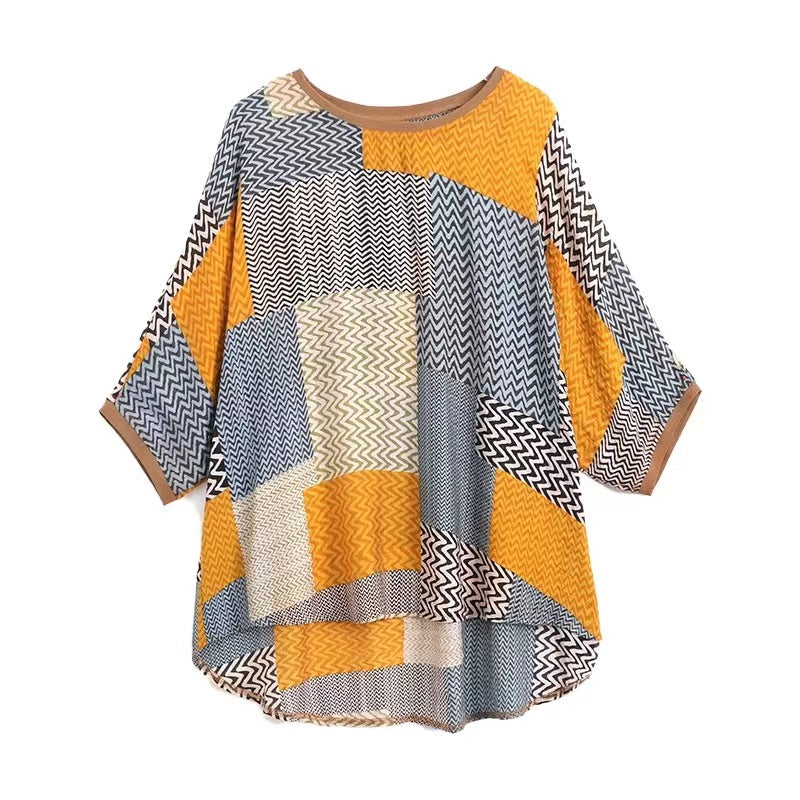 Casual O Neck Printed Patchwork Silk Half Sleeve Top