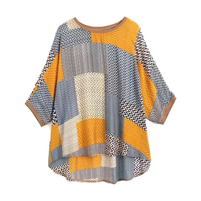 Casual O Neck Printed Patchwork Silk Half Sleeve Top