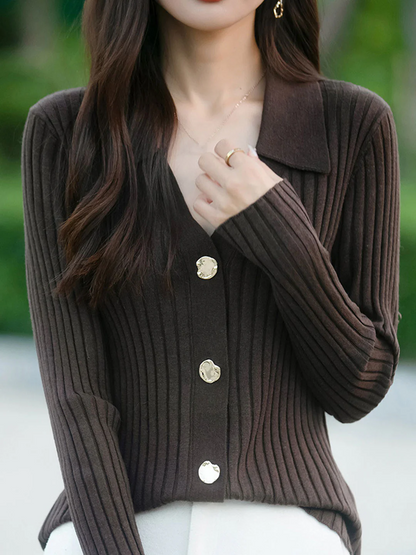 Women's Classic Lapel Ribbed Knit Cardigan Fall