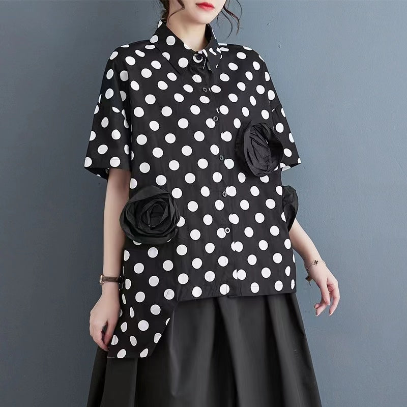 Simple Printed Polka Dot Cubic Floral Blouse Top