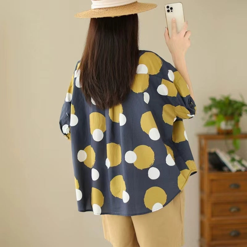 Loose Color-Collision Polka Dot Short Sleeve Lapel Shirt Top