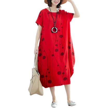 Casual Printed Cotton Linen Tunic Waist Peplum Short Sleeve Dress