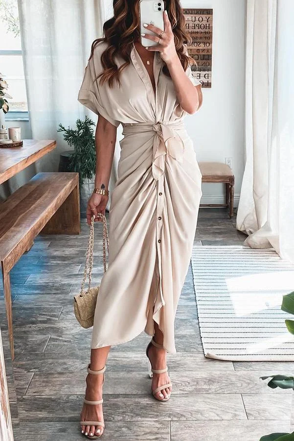 Elegant Satin Button Style Draped Dress