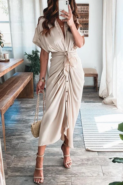 Elegant Satin Button Style Draped Dress