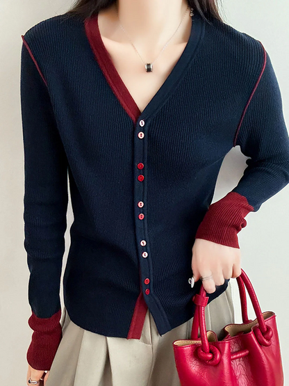 Women's V-Neck Colorblocked Knit Cardigan Long Sleeve Spring