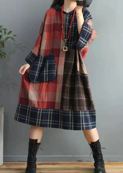 Colorblocked Plaid Asymmetric Design Cotton Resort Dress