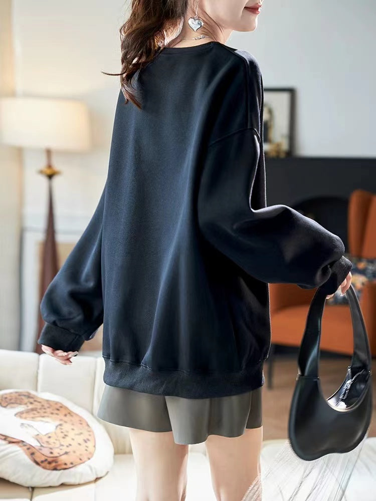 Loose Mesh Beaded Patchwork Round Neck Long Sleeve Sweatshirt