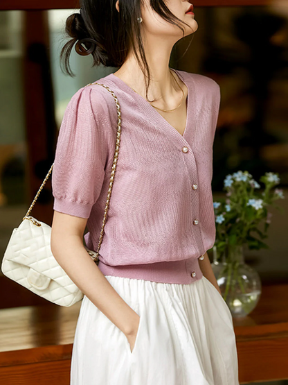 Elegant V-neck Cutout Knit Short Sleeve Top